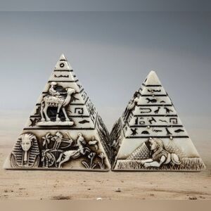 Egyptian Set Of 2 Carved Stone Pyramids With Symbols & Egypt Camels Hieroglyphic